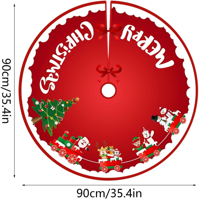 Covoras pentru Bradul de Craciun, Flippy, din Tesatura Pufoasa, cu Fundite de Prindere, Model Sania lui Mos Craciun, Rosu, Diametru 90 cm [2]