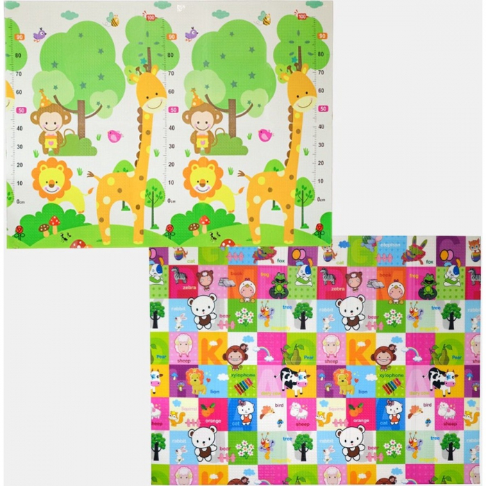 Covoras pentru Copii, Flippy, cu 2 Fete, Model Safari/Animale, din XPE+PE, Impermeabil, Antiderapant, Protectie Termica, +3 Luni, Pliabil, 150 x 200 x 1 cm, Multicolor [2]