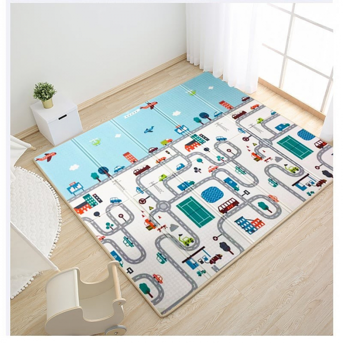 Covoras pentru Copii, Flippy, cu 2 Fete, Model Trafic/Girafe, din XPE+PE, Impermeabil, Antiderapant, Protectie Termica, +3 Luni, Pliabil, 180 x 200 x 1 cm, Multicolor [2]