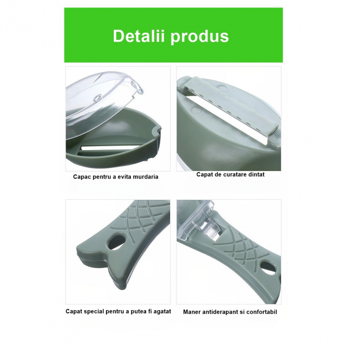 Curatator Manual Solzi de Peste, Flippy, Forma Peste , Recipient cu Capcac pentru Solzi, Plastic, Verde deschis, 16x6 cm [2]