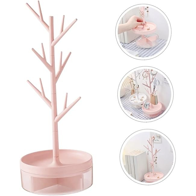 Cutie de Bijuterii, Flippy, Rotativa, cu Suport Tip Ramura, 36.5 x 14 cm, din ABS+PP, Roz [3]