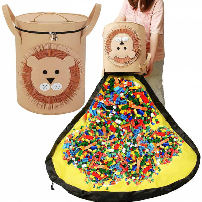 Cutie de Depozitare 2In1, Flippy, Impermeabila, Covor pentru Jucarii si Lego 150cm, Capacitate Mare, cu Manere, cu Sfori, Inaltime 40cm, Model Leu, Maro [3]