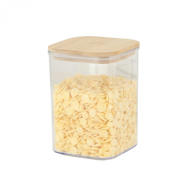 Cutie de Depozitare Alimente, Flippy, Cutie de tip Container, Cutie pentru Cereale, din Plastic, Capac din Bambuc, 10 x 10 x 14 cm, Volum 0.8 L, Transparent [1]