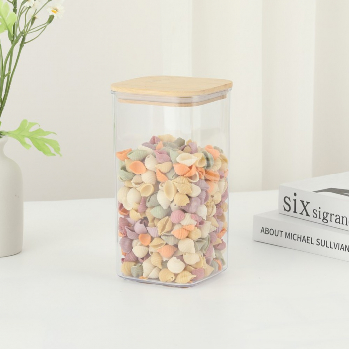 Cutie de Depozitare Alimente, Flippy, Cutie de tip Container, Cutie pentru Cereale, din Plastic, Capac din Bambuc, 10 x 10 x 19 cm, Volum 1.2l, Transparent [2]