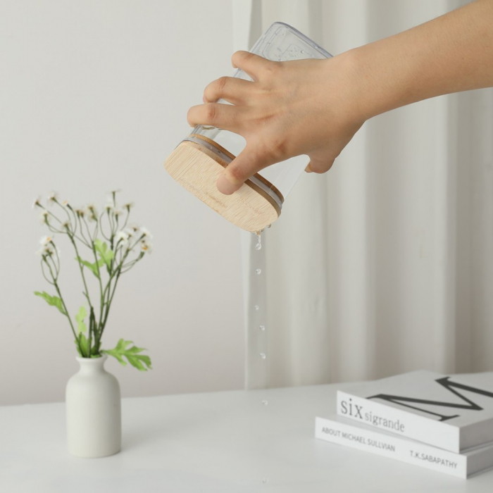 Cutie de Depozitare Alimente, Flippy, Cutie de tip Container, Cutie pentru Cereale, din Plastic, Capac din Bambuc, 10 x 10 x 30 cm, Volum 1.9 l, Transparent [3]