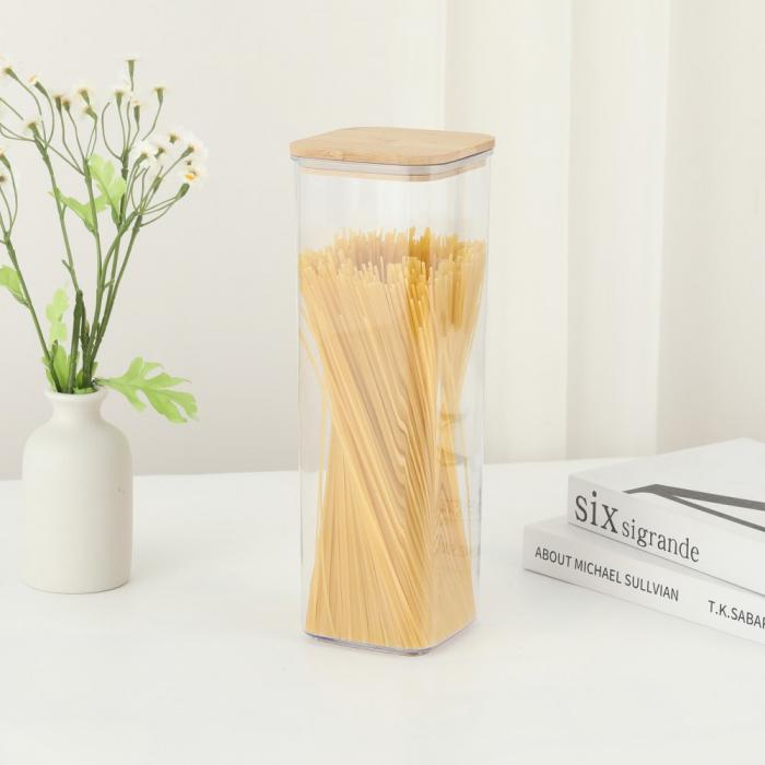 Cutie de Depozitare Alimente, Flippy, Cutie de tip Container, Cutie pentru Cereale, din Plastic, Capac din Bambuc, 10 x 10 x 30 cm, Volum 1.9 l, Transparent [2]