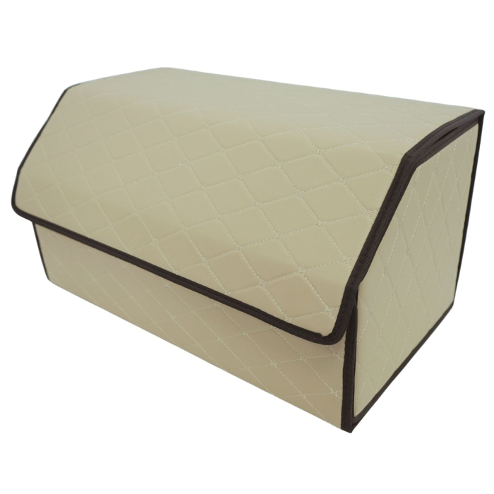 Cutie de Depozitare Auto, Flippy, Organizator Premium Portbagaj, 2 Compartimente Depozitare, Geanta Multifunctionala din Piele Ecologica, Pliabil si Rezistent la Uzura, Bej Deschis, 55 x 30 x 30cm [2]