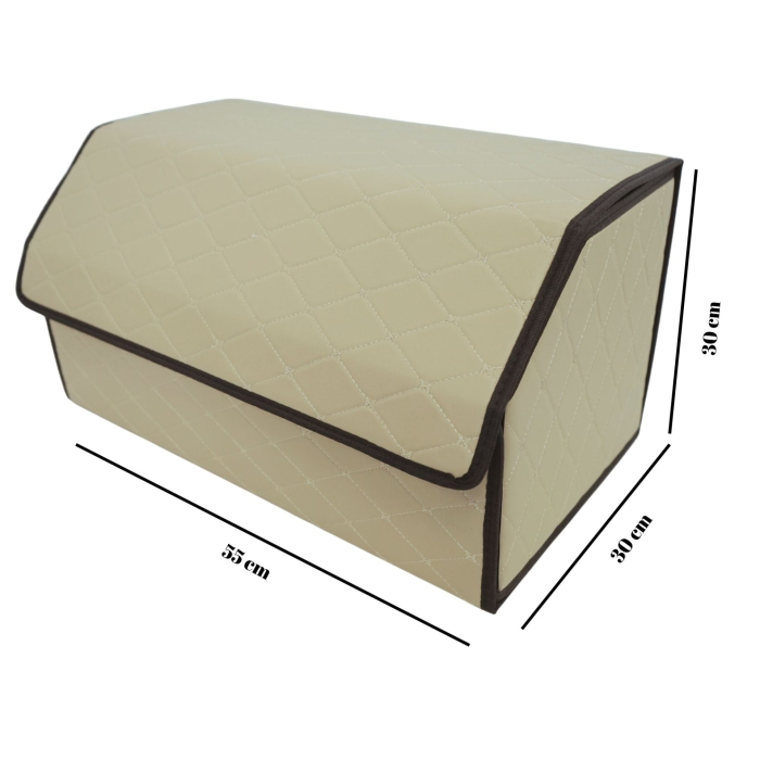 Cutie de Depozitare Auto, Flippy, Organizator Premium Portbagaj, 2 Compartimente Depozitare, Geanta Multifunctionala din Piele Ecologica, Pliabil si Rezistent la Uzura, Bej Deschis, 55 x 30 x 30cm [3]