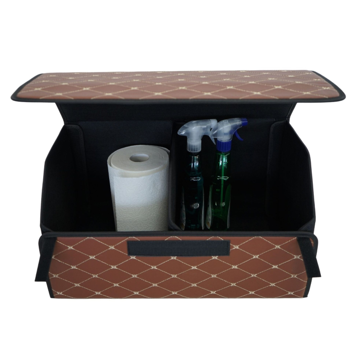 Cutie de Depozitare Auto, Flippy, Organizator Premium Portbagaj, Geanta Multifunctionala din Piele Ecologica, 2 Compartimente Depozitare, Pliabil, Rezistent la Uzura, Maro Inchis, 55 x 30 x 30cm [4]
