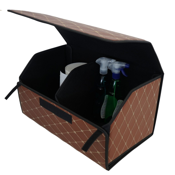 Cutie de Depozitare Auto, Flippy, Organizator Premium Portbagaj, Geanta Multifunctionala din Piele Ecologica, 2 Compartimente Depozitare, Pliabil, Rezistent la Uzura, Maro Inchis, 55 x 30 x 30cm [5]