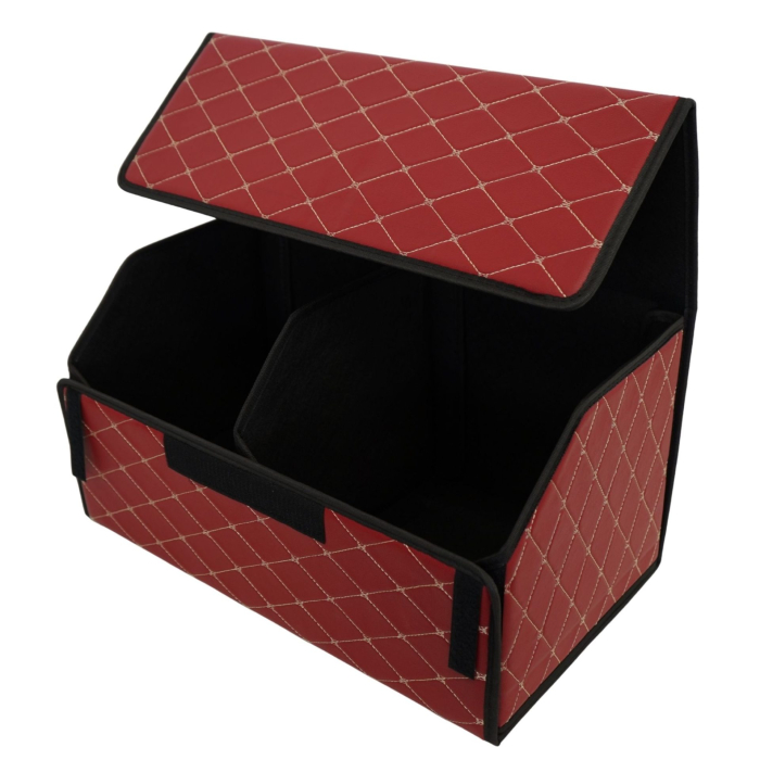 Cutie de Depozitare Auto, Flippy, Organizator Premium Portbagaj, Geanta Multifunctionala din Piele Ecologica, 2 Compartimente Depozitare, Rezistent la Uzura si Pliabil, Bordo, 55 x 30 x 30cm [6]