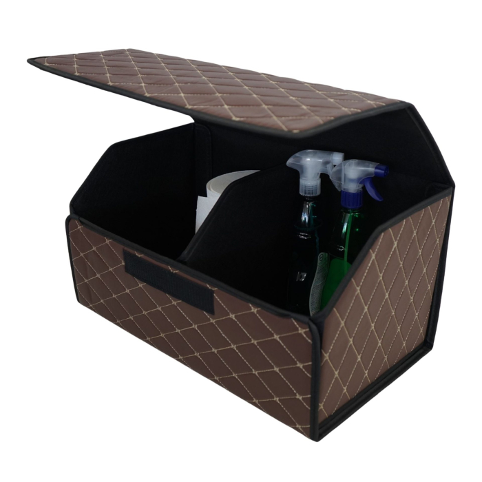 Cutie de Depozitare Auto, Flippy, Organizator Premium Portbagaj, Geanta Multifunctionala din Piele Ecologica, Rezistent la Uzura si Pliabil, 2 Compartimente Depozitare, Maro Havana, 55 x 30 x 30cm [6]