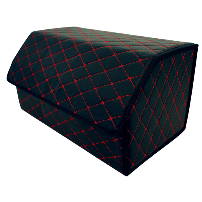 Cutie de Depozitare Auto, Flippy, Organizator Premium Portbagaj, Geanta Multifunctionala, Piele Ecologica, 2 Compartimente Depozitare, Pliabil si Rezistent la Uzura, Negru/Rosu, 55 x 30 x 30cm [2]