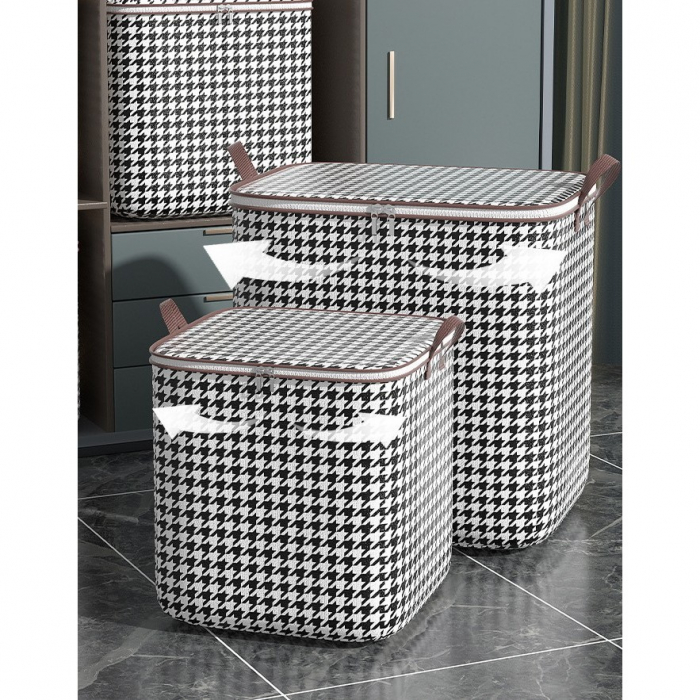 Cutie de Depozitare cu Fermoar, Flippy, Pliabila, Maner Ranforsat, Fermoar Rezistent, pentru Haine, Paturi, Plapumi, Perne, Lenjerii de Pat, Jucarii, 56x45x56 cm, 140 Litri, in Carouri, Alb-Negru [9]