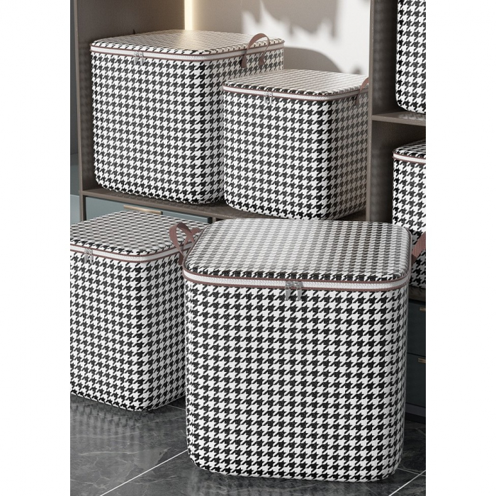Cutie de Depozitare cu Fermoar, Flippy, Pliabila, Maner Ranforsat, Fermoar Rezistent, pentru Haine, Paturi, Plapumi, Perne, Lenjerii de Pat, Jucarii, 56x45x56 cm, 140 Litri, in Carouri, Alb-Negru [12]