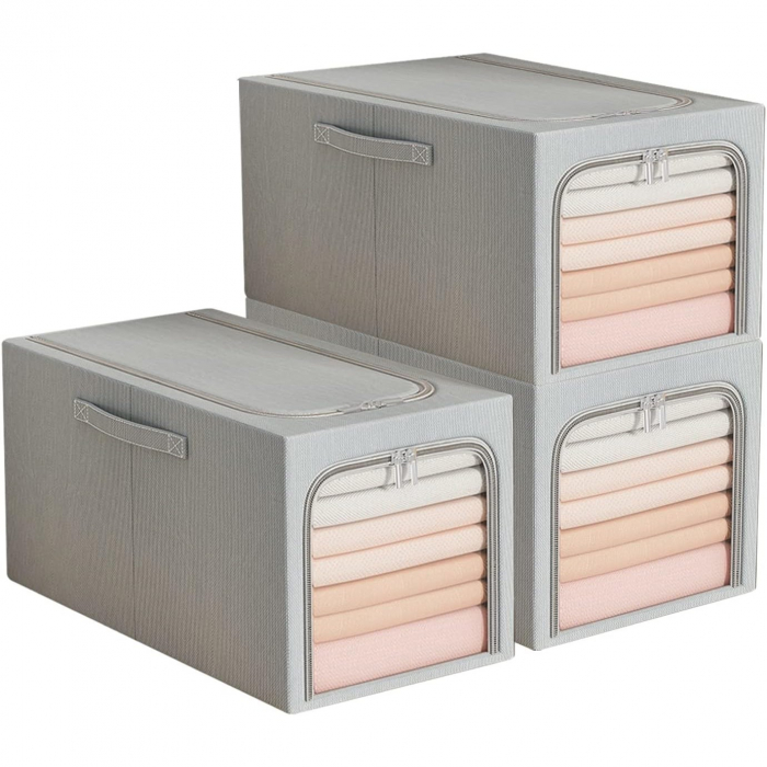 Cutie de Depozitare, Flippy, 31L, din In si Bumbac, Pliabila, Cadru din Otel, 45 x 30 x 23 cm, Albastru Fumuriu [3]