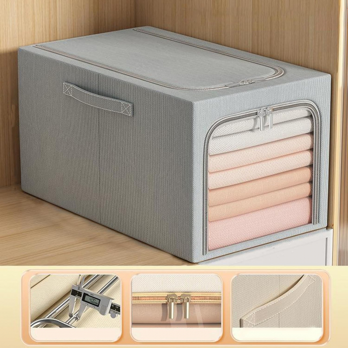 Cutie de Depozitare, Flippy, 31L, din In si Bumbac, Pliabila, Cadru din Otel, 45 x 30 x 23 cm, Albastru Fumuriu [5]