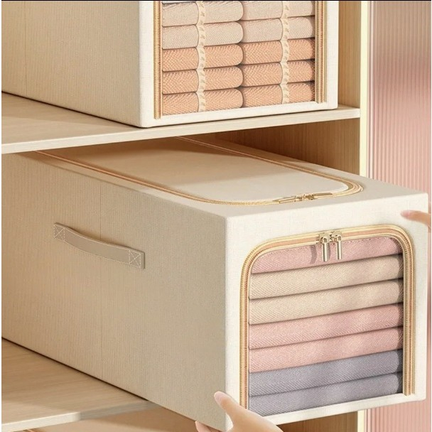 Cutie de Depozitare, Flippy, 31L, din In si Bumbac, Pliabila, Cadru din Otel, 45 x 30 x 23 cm, Kaki [2]