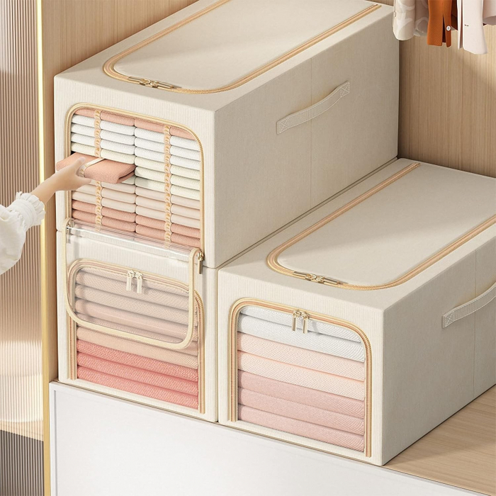 Cutie de Depozitare, Flippy, 31L, din In si Bumbac, Pliabila, Cadru din Otel, 45 x 30 x 23 cm, Kaki [5]