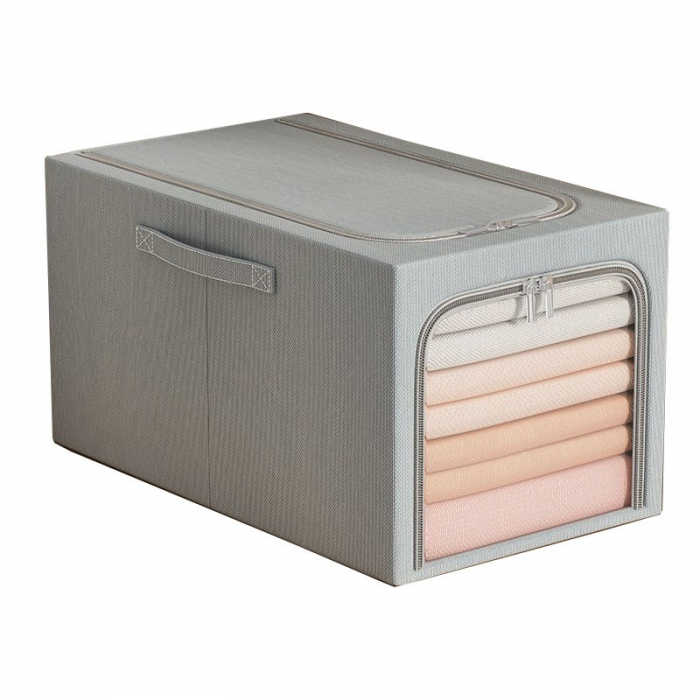 Cutie de Depozitare, Flippy, 56L, din In si Bumbac, Pliabila, Cadru din Otel, 53 x 35 x 30 cm, Albastru Fumuriu [1]