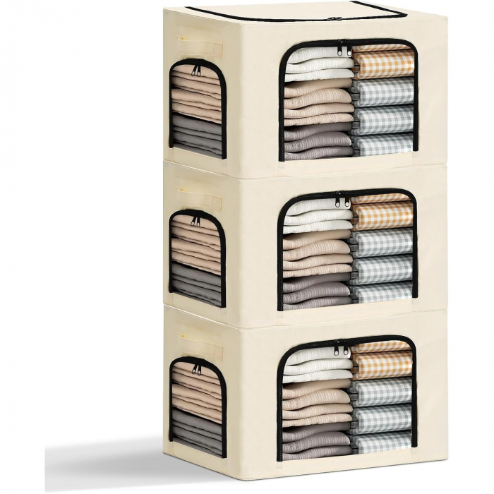 Cutie de Depozitare, Flippy, cu 3 Ferestre cu Fermoar Bidirectional, Cadru din Otel, Impermeabil, 38L, 42 x 30 x 30 cm, Bej [6]