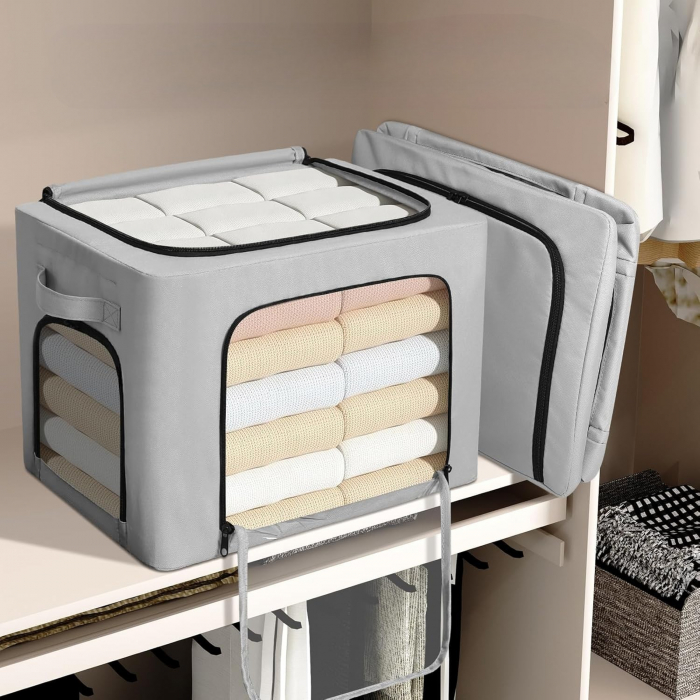 Cutie de Depozitare, Flippy, cu 3 Ferestre cu Fermoar Bidirectional, Cadru din Otel, Impermeabil, 38L, 42 x 30 x 30 cm, Gri [3]