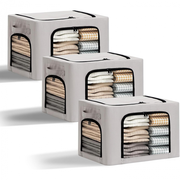 Cutie de Depozitare, Flippy, cu 3 Ferestre cu Fermoar Bidirectional, Cadru din Otel, Impermeabil, 38L, 42 x 30 x 30 cm, Gri [6]