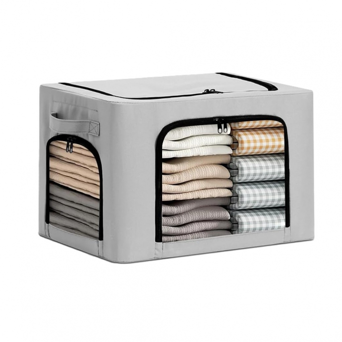 Cutie de Depozitare, Flippy, cu 3 Ferestre cu Fermoar Bidirectional, Cadru din Otel, Impermeabil, 38L, 42 x 30 x 30 cm, Gri [1]