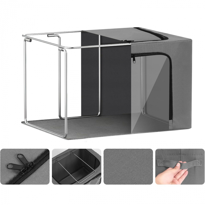 Cutie de Depozitare, Flippy, cu 3 Ferestre cu Fermoar Bidirectional, Cadru din Otel, Impermeabil, 38L, 42 x 30 x 30 cm, Gri Inchis [6]
