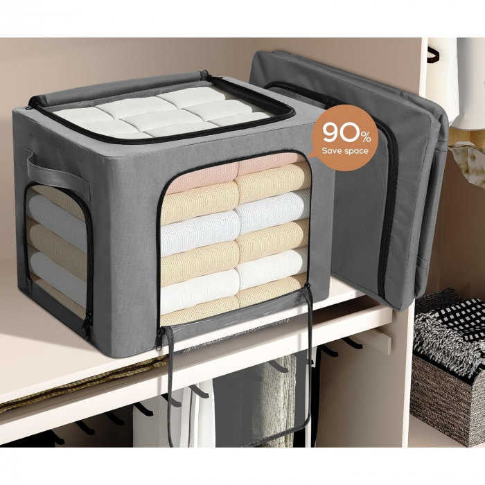 Cutie de Depozitare, Flippy, cu 3 Ferestre cu Fermoar Bidirectional, Cadru din Otel, Impermeabil, 38L, 42 x 30 x 30 cm, Gri Inchis [5]