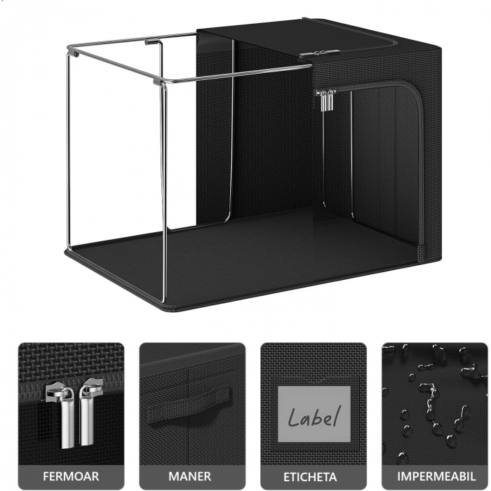 Cutie de Depozitare, Flippy, cu 3 Ferestre cu Fermoar Bidirectional, Cadru din Otel, Impermeabil, 38L, 42 x 30 x 30 cm, Negru [6]