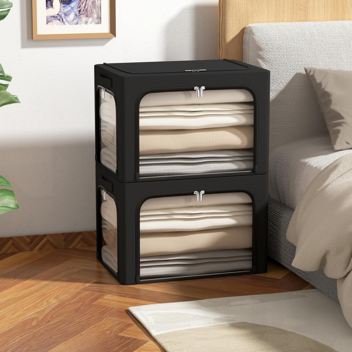 Cutie de Depozitare, Flippy, cu 3 Ferestre cu Fermoar Bidirectional, Cadru din Otel, Impermeabil, 38L, 42 x 30 x 30 cm, Negru [4]