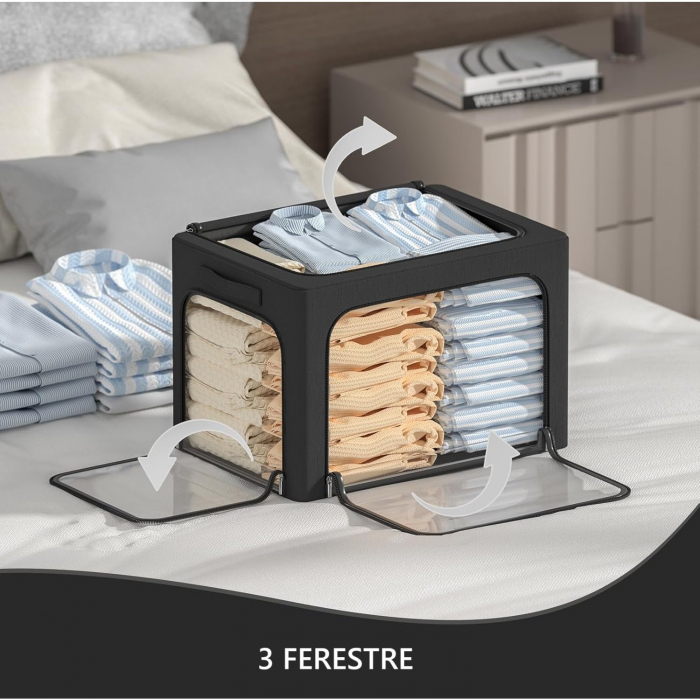 Cutie de Depozitare, Flippy, cu 3 Ferestre cu Fermoar Bidirectional, Cadru din Otel, Impermeabil, 38L, 42 x 30 x 30 cm, Negru [3]