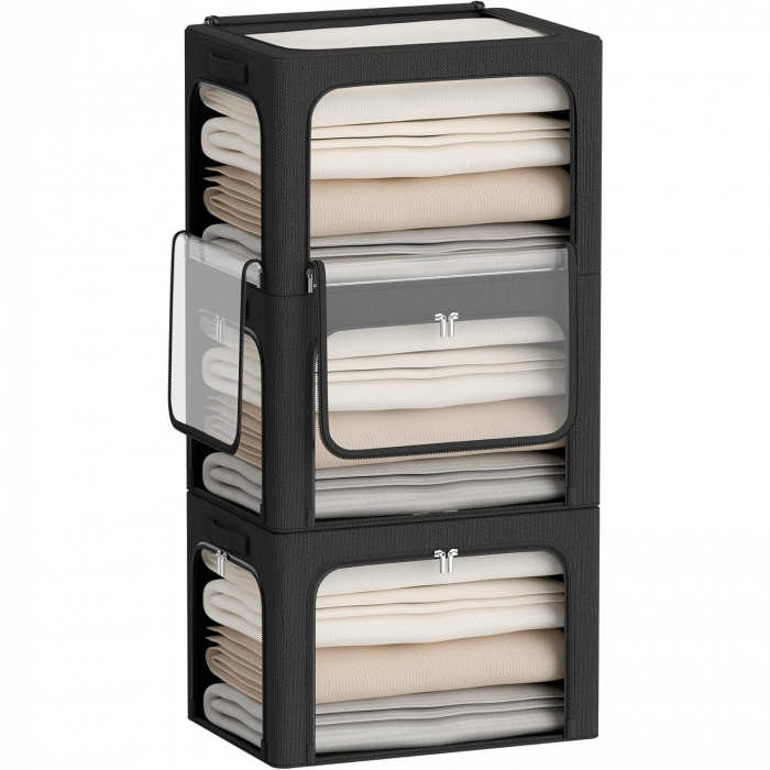 Cutie de Depozitare, Flippy, cu 3 Ferestre cu Fermoar Bidirectional, Cadru din Otel, Impermeabil, 38L, 42 x 30 x 30 cm, Negru [5]