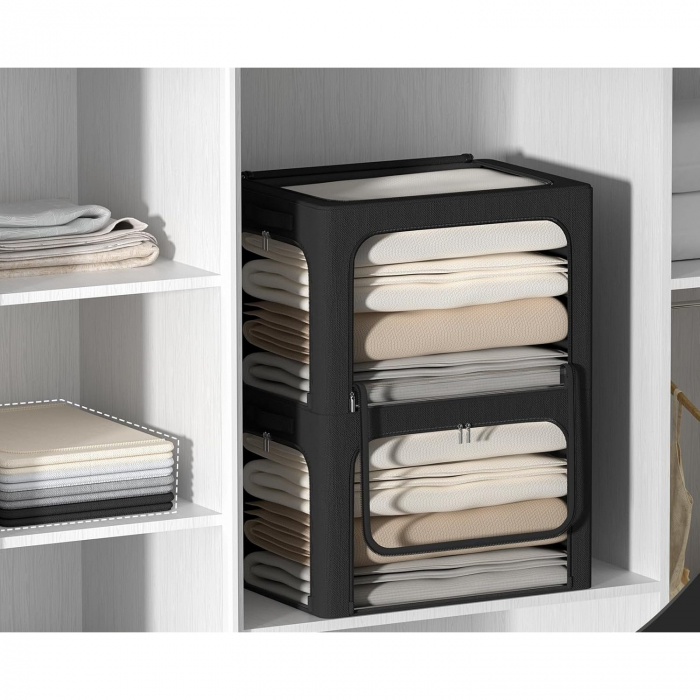 Cutie de Depozitare, Flippy, cu 3 Ferestre cu Fermoar Bidirectional, Cadru din Otel, Impermeabil, 38L, 42 x 30 x 30 cm, Negru [2]