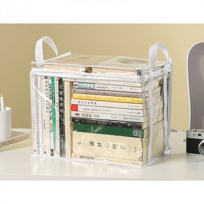 Cutie de Depozitare, Flippy, din PVC + Textil, Rezistenta la Apa, Geanta pentru Carti, 38x24x32 cm, Transparent-Alb [2]
