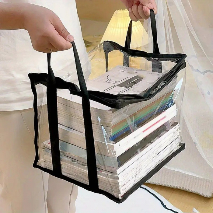 Cutie de Depozitare, Flippy, din PVC + Textil, Rezistenta la Apa, Geanta pentru Carti, 38x24x32 cm, Transparent-Negru [4]