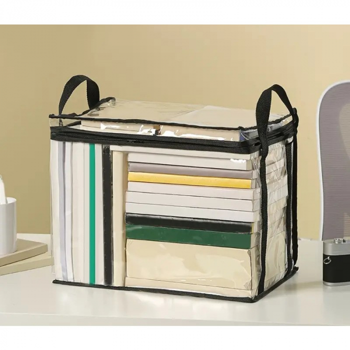 Lichidare Cutie de Depozitare, Flippy, din PVC + Textil, Rezistenta la Apa, Geanta pentru Carti, 38x24x32 cm, Transparent-Negru [3]