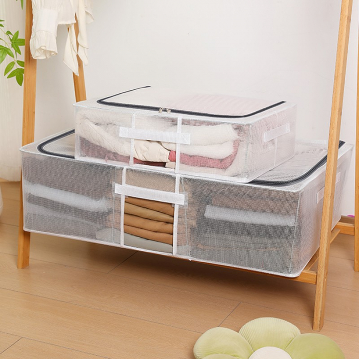 Cutie de Depozitare, Flippy, pentru Haine, Incaltaminte, din Plasa PVC Impermeabila si Manere Laterale, Pliabila, Fermoar Bidirectional, 80 x 47 x 24 cm, Transparenta [2]