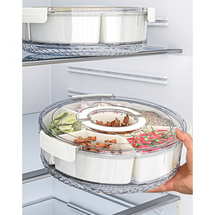 Cutie de Depozitare pentru Alimente, Flippy, cu 6 Compartimente, pentru Condimente, Fructe, Legume, cu Manere de Prindere, Rotativa 360 de Grade, Inchidere Ermetica, 32x10 cm, Alba [14]