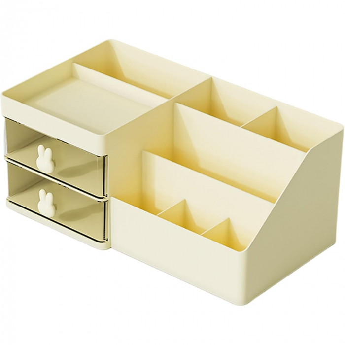 Cutie de Depozitare pentru Birou, Flippy, Pentru Makeup, Papetarie, Organizator Cosmetice, 2 Sertare si Compartimente Multiple, Model Iepuras, Plastic, 27.5x15.5x12 cm, Crem [1]
