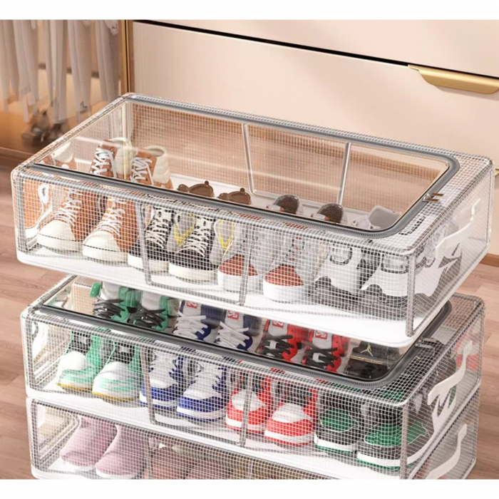 Cutie de Depozitare pentru Pantofi, Flippy, 40x30x15 cm, din Plasa PVC Impermeabila si Cadru de Otel, Pliabila, Fermoar Bidirectional, Transparenta [4]