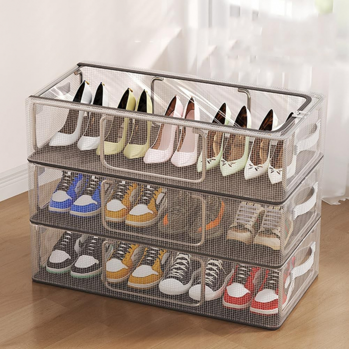 Cutie de Depozitare pentru Pantofi, Flippy, 40x30x15 cm, din Plasa PVC Impermeabila si Cadru de Otel, Pliabila, Fermoar Bidirectional, Transparenta [6]