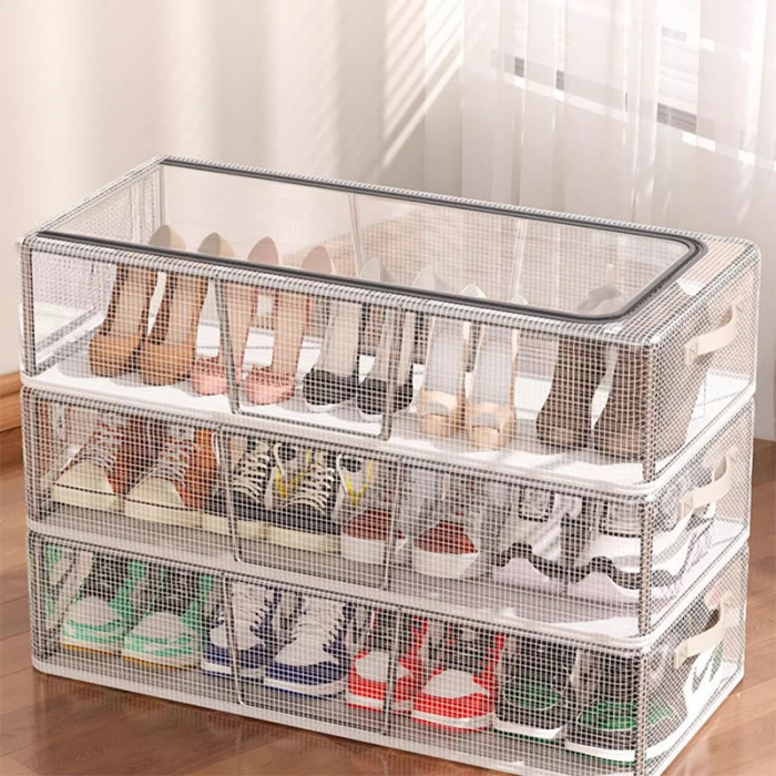 Cutie de Depozitare pentru Pantofi, Flippy, 40x30x15 cm, din Plasa PVC Impermeabila si Cadru de Otel, Pliabila, Fermoar Bidirectional, Transparenta [8]