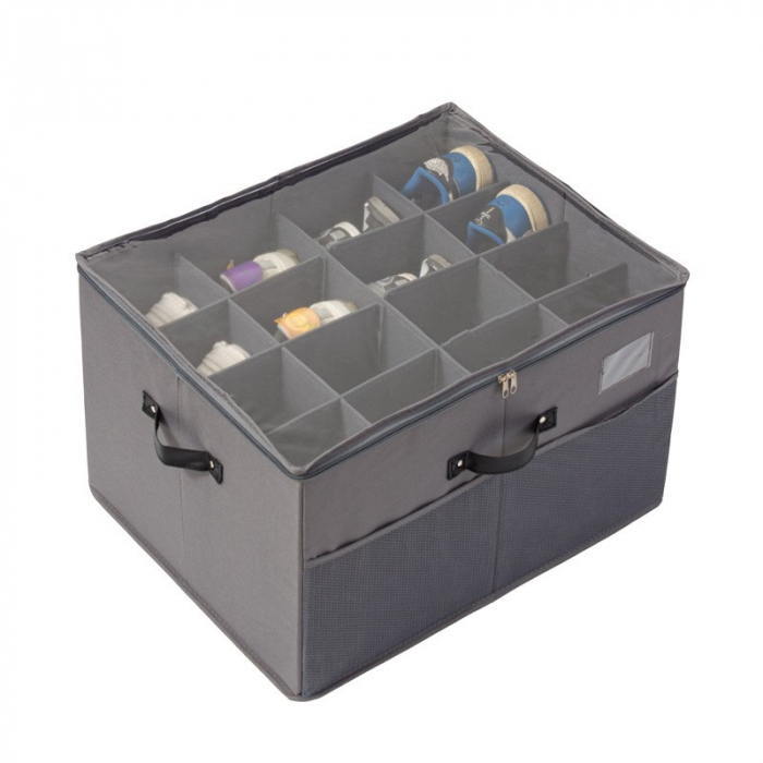Cutie de Depozitare pentru Pantofi, Flippy, 53x42x33 cm, cu Capac Transparent si Fermoar, din Panza Oxford, Pliabila, Gri [1]