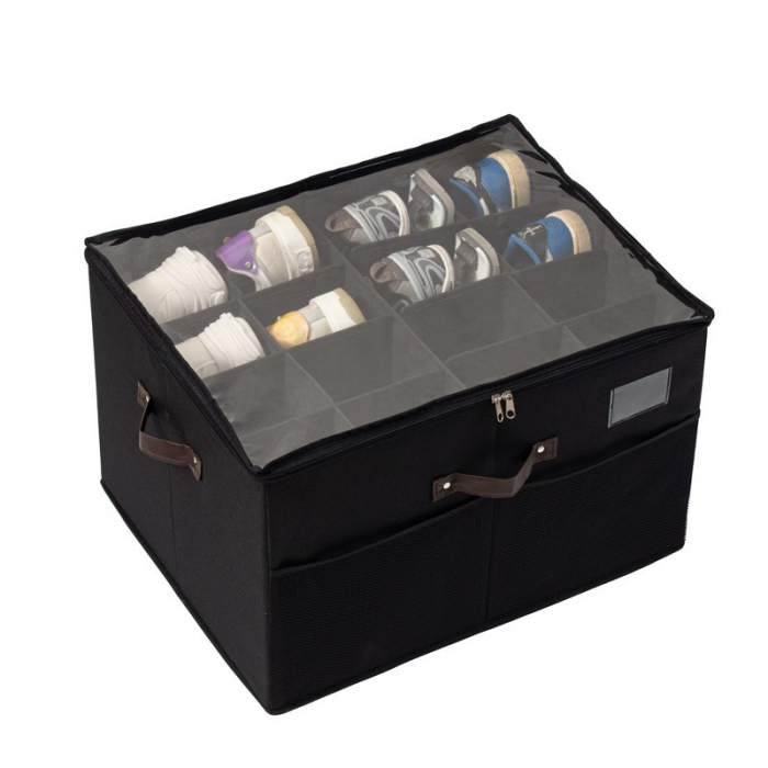 Cutie de Depozitare pentru Pantofi, Flippy, 53x42x33 cm, cu Capac Transparent si Fermoar, din Panza Oxford, Pliabila, Negru [1]