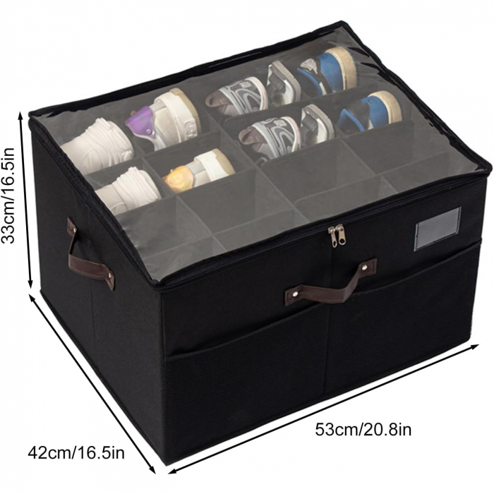 Cutie de Depozitare pentru Pantofi, Flippy, 53x42x33 cm, cu Capac Transparent si Fermoar, din Panza Oxford, Pliabila, Negru [3]
