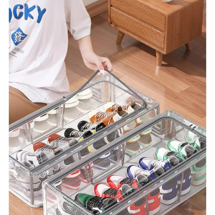 Lichidare Cutie de Depozitare pentru Pantofi, Flippy, 60x30x16 cm, din Plasa PVC Impermeabila si Cadru de Otel, Pliabila, Fermoar Bidirectional, Transparenta [5]