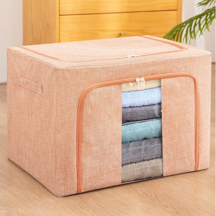 Cutie de Depozitare Pliabila, Flippy, 66 L, din Bumbac si In, 33x40x50 cm, 2 Ferestre, Frontala si Laterala, 2 Usi de Acces cu Fermoar Bidirectional, Cadru Metalic, Suport Baza Stabil din Plastic, Roz [5]