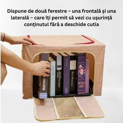 Cutie de Depozitare Pliabila, Flippy, 66 L, din Bumbac si In, 33x40x50 cm, 2 Ferestre, Frontala si Laterala, 2 Usi de Acces cu Fermoar Bidirectional, Cadru Metalic, Suport Baza Stabil din Plastic, Roz [6]